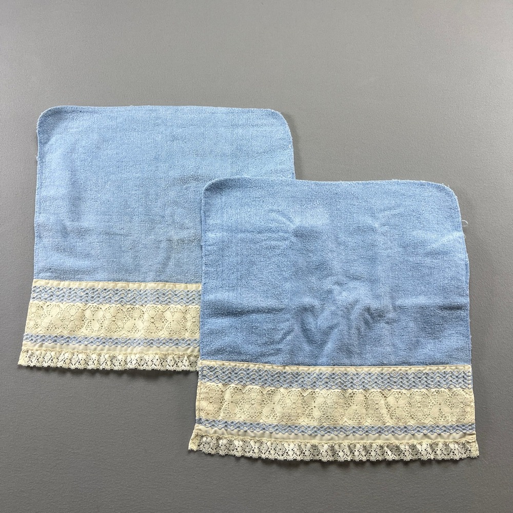Utica By J.P. Stevens Adults Bright Blue Lace Trim Cotton Hand Towels Lot Of 2